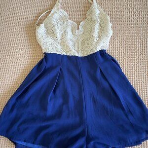 Backless Lacy Spaghetti Strap Blue and White Romper Women/Juniors Size S